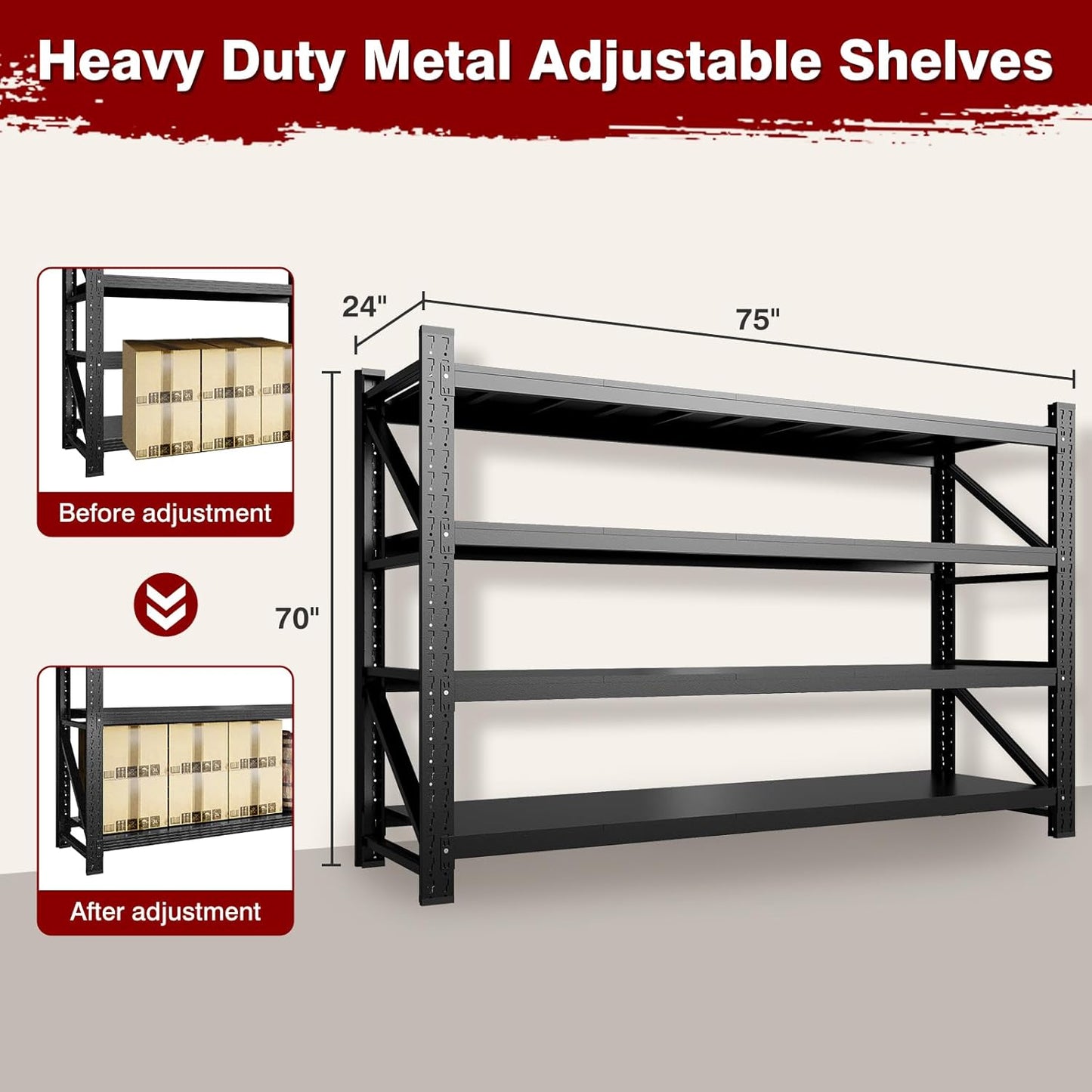 9000LBS Metal Steel Storage Shelves - 75" W Black 4 Tier Heavy Duty Rack Commercial Industrial Shelving with Adjustable Shelf for Basement Garage Warehouse - 75" W x 24" D x 70" H
