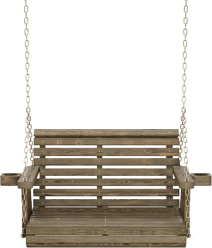 Amish Casual 3 Foot Roll Back Porch Swing with Cup Holders in Dark Walnut Stain - Amish Made in The USA from Treated Pine Heavy Duty 700 Lb. Weight Capacity