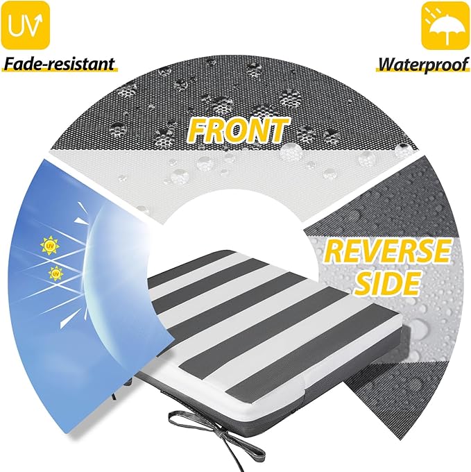 AAAAAcessories Outdoor Seat Cushions for Chairs, Waterproof, Fade-Resistant Patio Furniture Replacement Cushions, 19" x 19" x 3", Set of 2, Gray Cabana Stripe