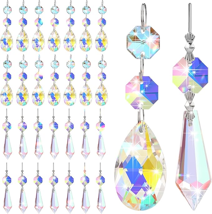 24 Pcs 24 Pcs Chandelier Crystal Replacement 38 mm Teardrop & Icicle Crystal Prisms Hanging Gems Parts for Lamps and Chandeliers Suncatcher Christmas Tree Windows Home Decor (Colorful)