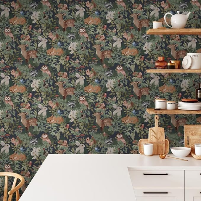 Green Plants Leaf Animal Forest Deer Rabbits Squirrel Owl Peel and Stick Wallpaper Self Adhesive Removable Easy Peel Off Contact Stick on Wall Paper for Bedroom Cabinet Renter Friendly