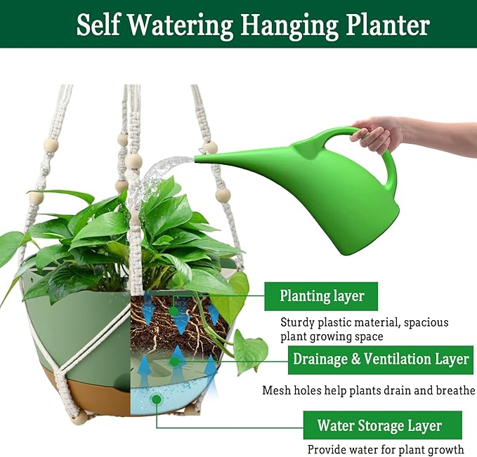 Hanging Planter Self Watering 10 Inch, 2 Pack Indoor Outdoor Hanging Baskets, Hanging Flower Pots with Drainage Hole & 2 Kinds of Plant Hangers for Garden Home Decor(Green)…