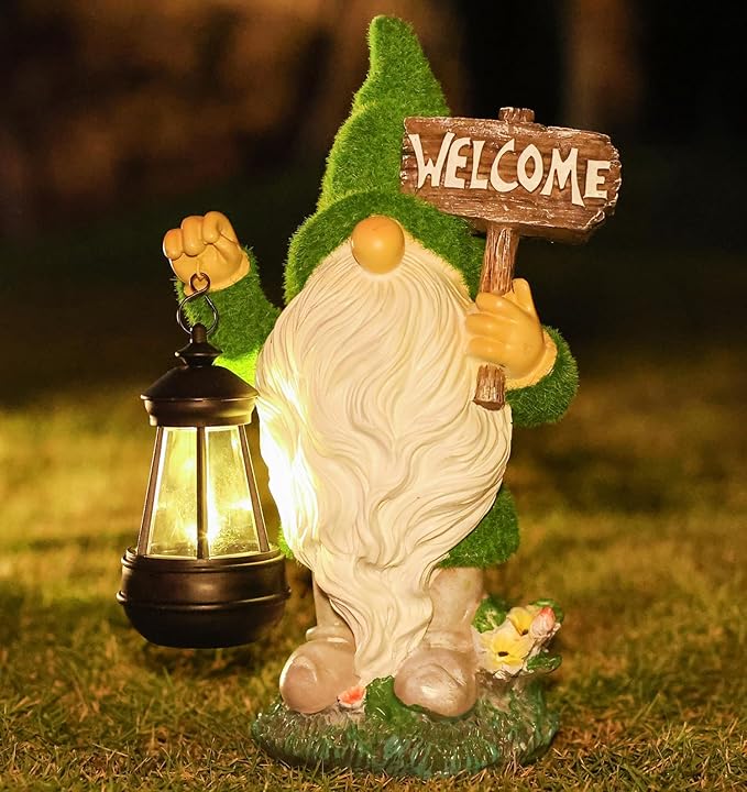 Garden Outdoor Statues, Solar Gnome Statues,Gnome Decorations with Solar Outdoor Lights for Garden Decor, Garden Sculptures & Statues for Front Porch Patio Lawn, Gifts for Mom, 13"", Green