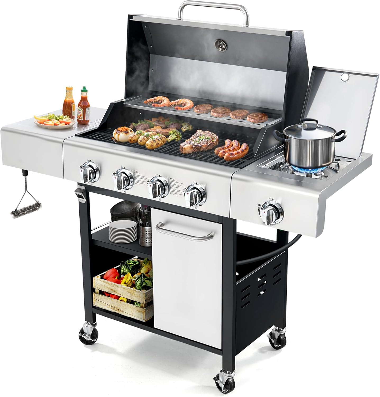 4-Burner Propane Gas Grill, Stainless Steel BBQ with 40,000 BTU, Foldable Side Shelves, Porcelain-Coated Grates, Ideal for Patio & Backyard Cooking (4&1 Burner)