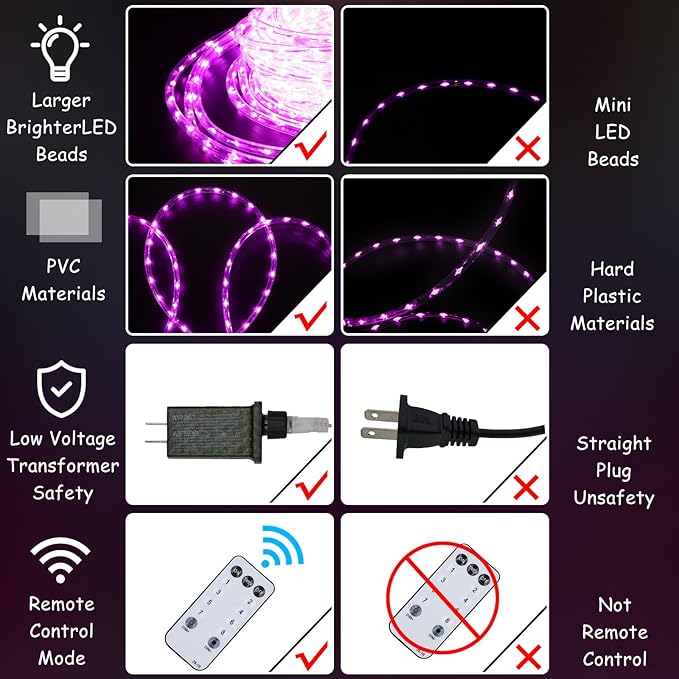 50Ft 600 LED Rope Lights Outdoor, Pink Flexible Tube Light Waterproof Plug in 8 Modes Timer Memory, Permanent String Lights for Tree,Pool, Bedroom, Fence, Garden, Indoor, Outside Decorations