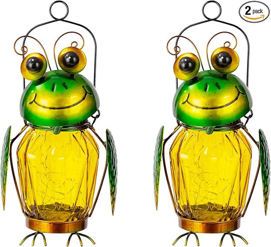 2 Pack Solar Lanterns Outdoor Waterproof Frog Hanging Solar Lantern, LED Glass Jar Outdoor Lanterns, Garden Lantern Lights for Yard Tree Table Xmas Metal Decoration