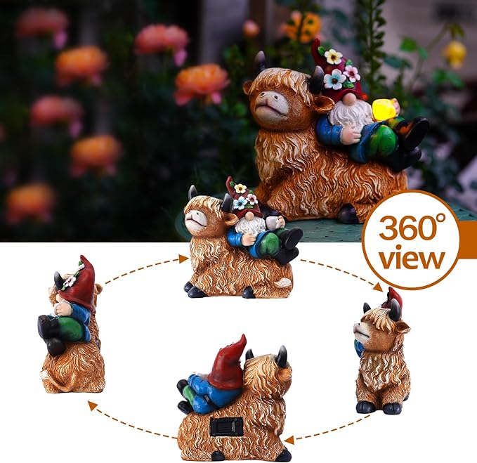 Garden Gnomes Decor Outdoor Statues Gnome on Highland Cow Hold Solar Cup Light Outdoor Decorations for Patio,Yard and Gift for Mom