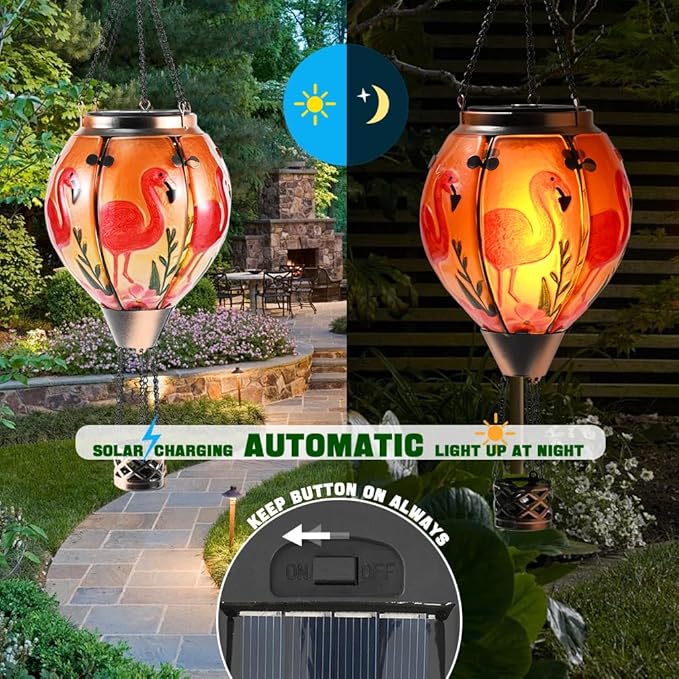Hot Air Balloon Solar Lantern - Flamingo Bird Stained Glass Lantern with Simulated Flickering Flame, Outdoor Hanging Yard Light Waterproof IP65 & Weather Resistant for Patio Lawn Porch Decor Gfit