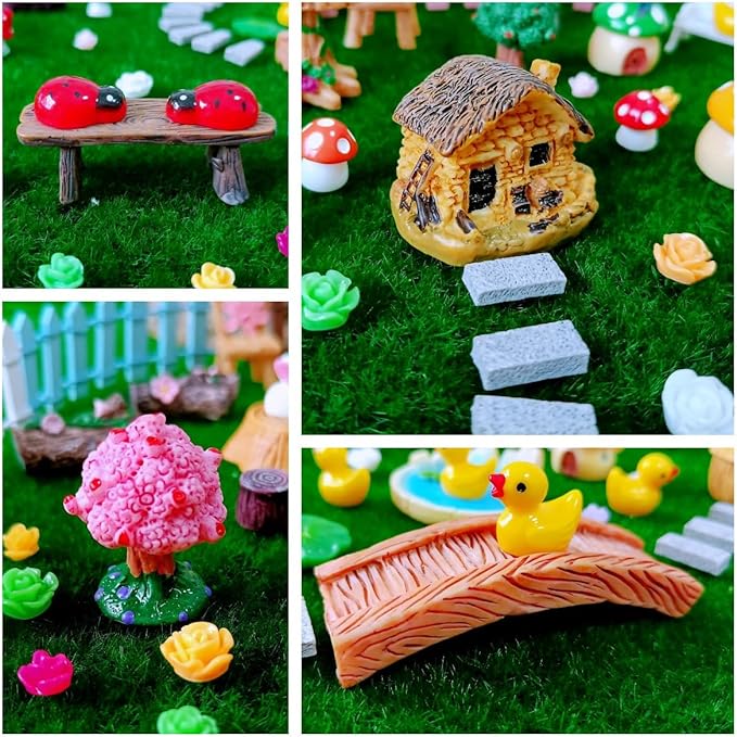 100 Pcs Miniature Fairy Garden Accessories Mini Landscape, Resin Micro Buildings Structures Tiny Animals Figurines