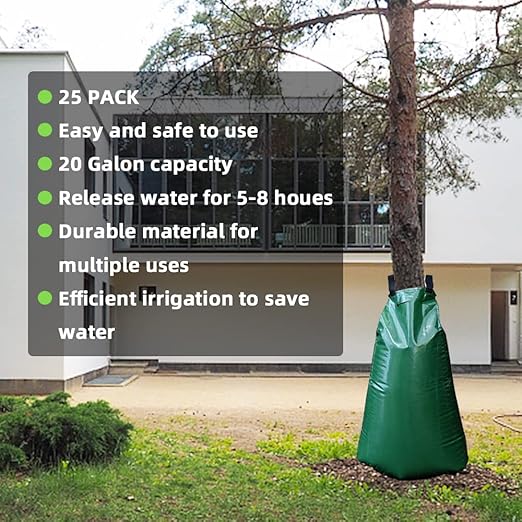 25 Pack Tree Watering Bag, 20 Gallon Slow Release Watering Bag for Trees, Premium PVC Shrub Watering Bag with Heavy Duty Zipper, Sturdy Reusable Drip Irrigation Bag