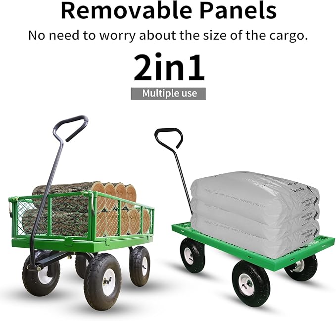 AAIN 600 lbs Metal Garden Cart,Heavy Duty Garden Wagon with Removable Steel Mesh Sides, Utility Yard Cart with 180° Rotating Handle and 10-inch Wheels—Perfect for Gardens, Farms, and Yards, Green