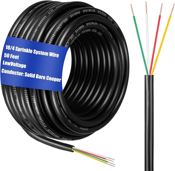 Hoolerry Solid Sprinkler System Wire 18 Gauge Irrigation Wire with UV Resistant PVC Jacket Sprinkler Cable for Underground Irrigation Field Central Control System 30v Ul Listed(18/4, 50 Ft)