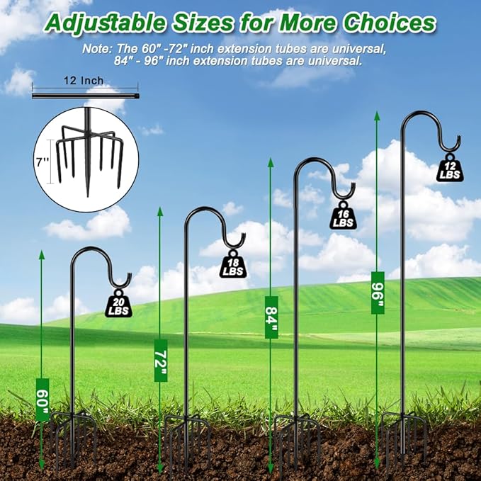 72" Shepherds Hooks for Outdoor, Heavy Duty Bird Feeder Pole with 7 Base Prongs, Adjustable Garden Hanging Holder for Bird Feeders, Solar Light Lanterns, Garden Plant Hanger Stands, 2 Packs