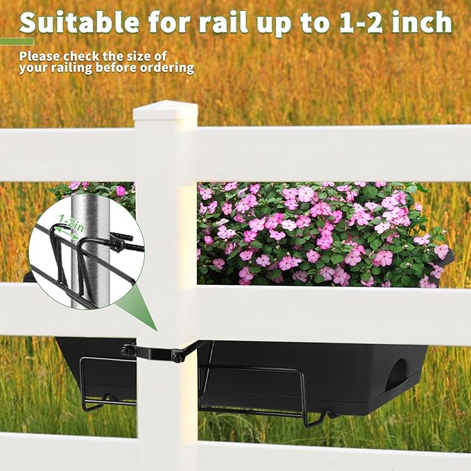 HAITRAL Hanging Planters for Outdoor Plants,Deck Railing Planter Boxes Countryside Style Window Boxes Planters, Balcony Flower Pots Plastic Railing Planter with Metal Brackets for Fence,Black 2 Pcs