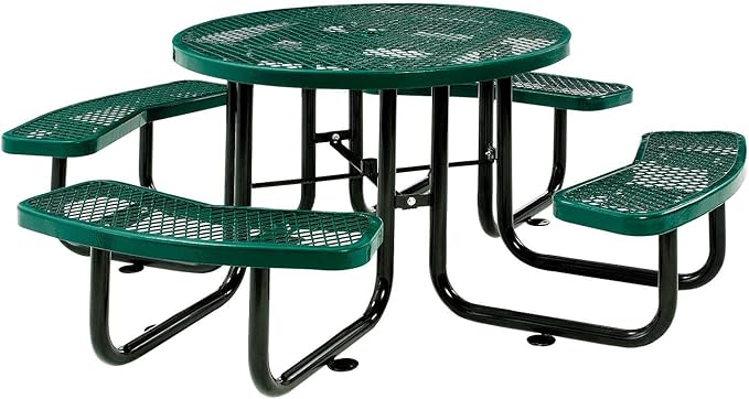 Global Industrial 46" Round Picnic Table, Expanded Metal, Green Thermoplastic Coating, Attached Benches, 1-1/2” Umbrella Pole Hole, Outdoor-Rated, 1000 lb Capacity