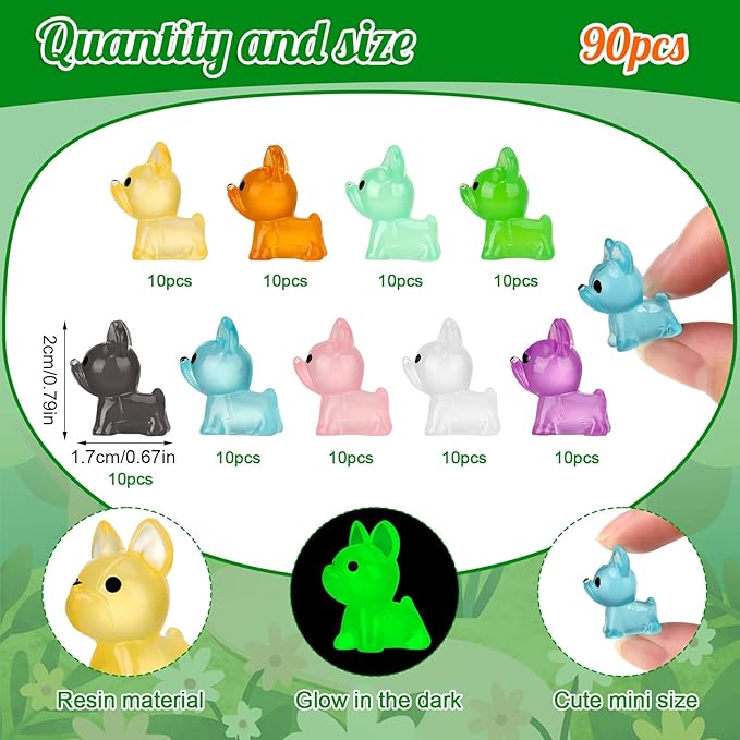 90 Pcs Luminous Mini Resin Dogs, Miniature Dog Figurines, Cute Small Dog Figures, Mini Dog Figurines Statues Glow in The Dark Crafts Cake Decor Tiny Home for Micro Landscape Dollhouse Garden