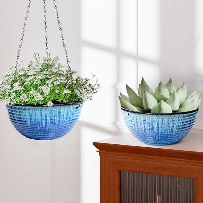 10in Hanging Planters for Indoor and Outdoor Plants, 2 Pack Hanging Planter with Drainage Hole, Round Hanging Flower Pots for Garden Home Decor (Blue Glaze)