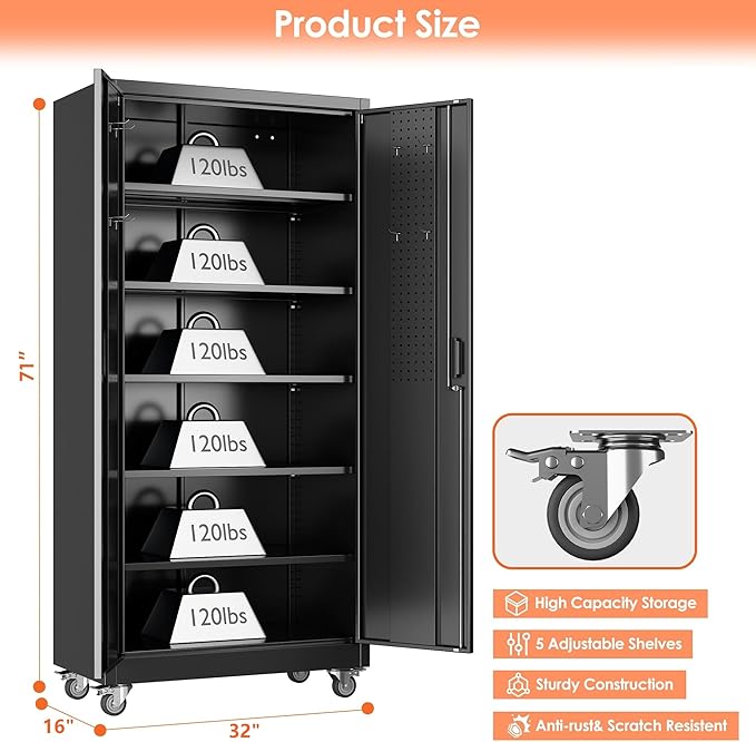 71" H×32" W×16" D Garage Storage Cabinet with Wheels, Locking Metal Storage Cabinet with 5 Adjustable Shelves, 4 Hooks and Pegboard for Garage, Home Office, Kitchen, Black, Assembly Required