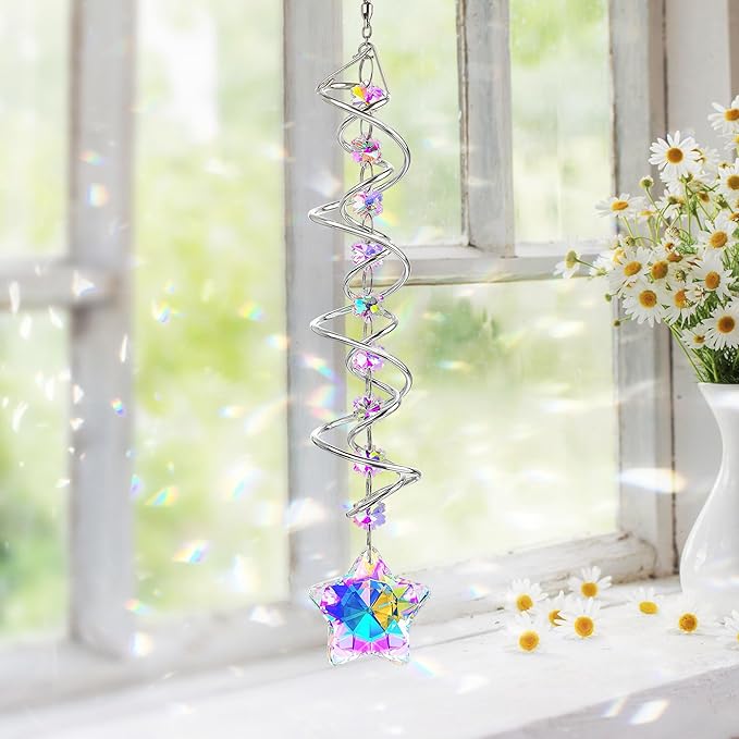 H&D HYALINE & DORA 21inch Crystal Suncatcher for Window Hanging Double-Spiral Design Gazing Ball Spiral Tail Wind Spinners Sun Catchers Rainbow Maker Indoor Outdoor Christmas Decoration