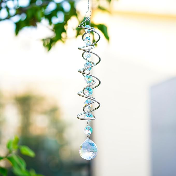 H&D HYALINE & DORA 17.7in Crystal Sun Catcher,Colorful Hanging Suncatcher with Octagonal Beads and Chain,Gazing Ball Spiral Tail,Rainbow Crystals for Indoor Outdoor Garden Decoration