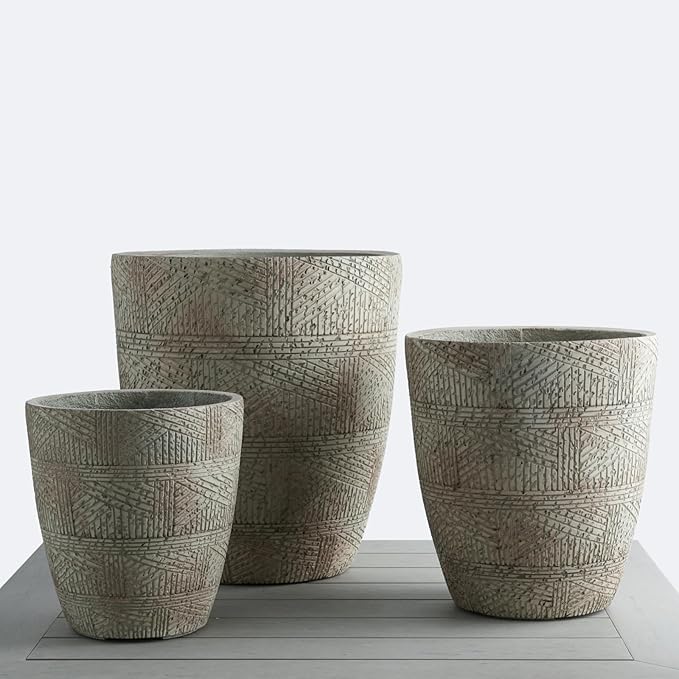 17.7"+13.8"+9.8" Dia Round Concrete Planter Set of 3, Large Indoor Outdoor Planter, Flower Pots with Drainage Holes and Sealing Plug for Garden, Patio, Home, Office Weathered Concrete Gray