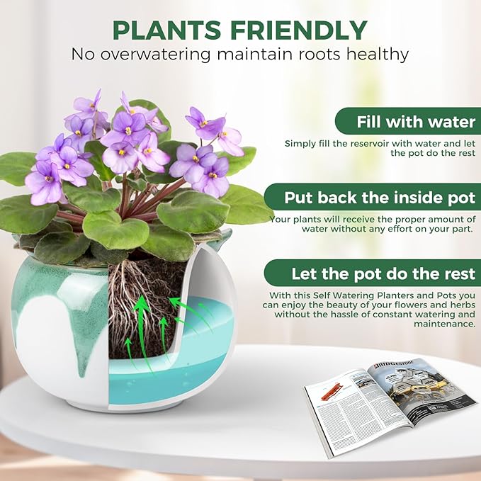 African Violet Pots, 6 inch Ceramic Easy Self Watering Plant Pot for Busy Plant Lovers, Automatically Absorb Appropriate Amount of Water, Flower Pot Indoor-Plants Not Included(Green)