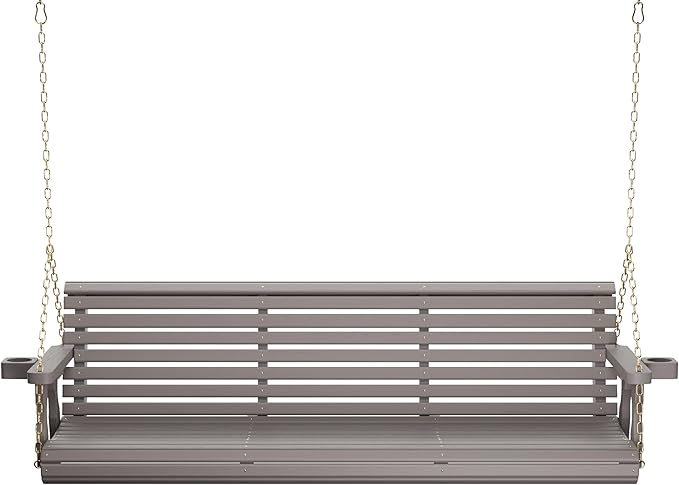 Amish Casual 6 Foot Roll Back Porch Swing with Cup Holders in Semi-Solid Gray Stain - Amish Made in The USA from Treated Pine Heavy Duty 700 Lb. Weight Capacity