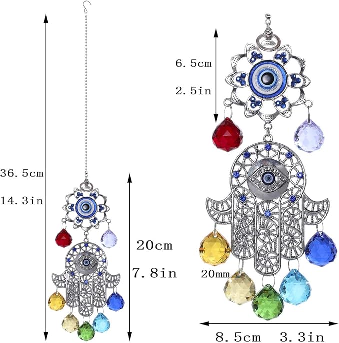 Hamsa Hand with Blue Evil Eye Protection Hanging Crystal Ornament with Chakra Energy Crystal Balls