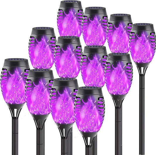 12-Pack Solar Lights Outdoor Waterproof,Halloween Decorations Solar Tiki Torches with Flickering Flame (Upgraded Super Bright),Halloween Solar Lights for Outside Patio Yard Porch Garden Decor （Purple）