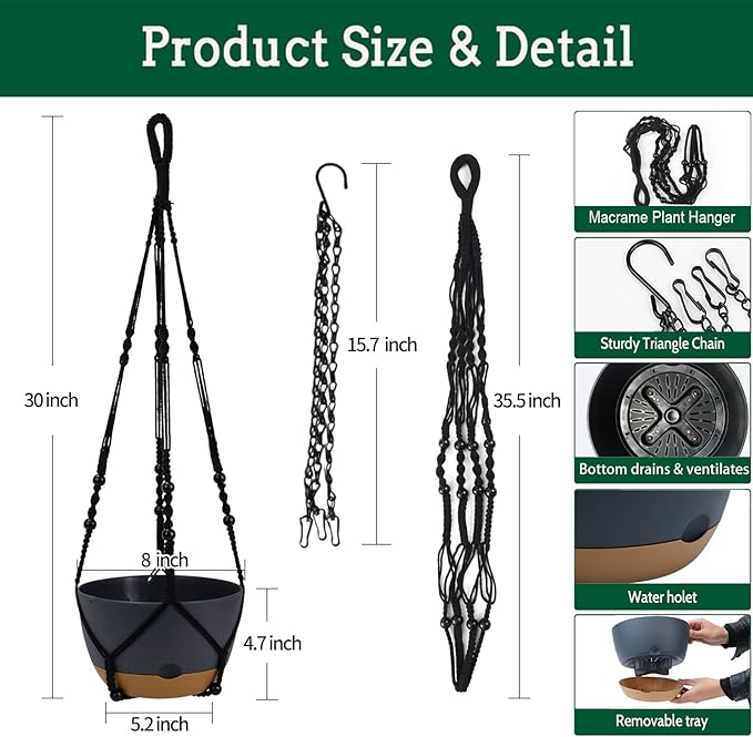 2 Pack Hanging Planters Set,10 Inch Indoor Outdoor Hanging Plant Pot Basket,Hanging Flower Pot with Drainage Hole with 3 Hooks for Garden Home… (Black Hanger Black Planters)