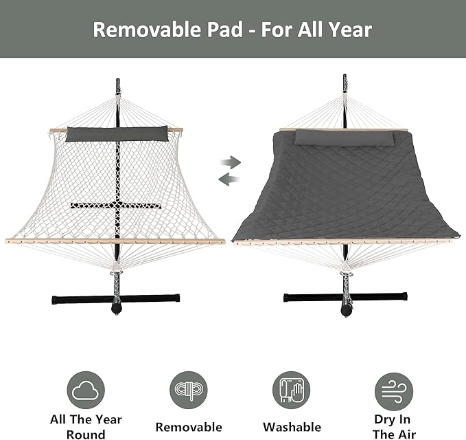 ANOW Outdoor Hammock with Stand 12FT, Heavy Duty Hammock with Steel Stand, Included Detachable Pillow and Pad, 450 LBS Weight Capacity, Gray