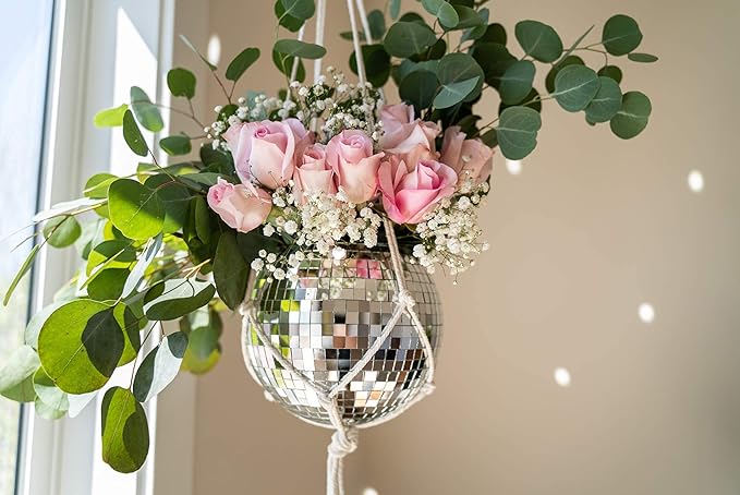 Hanging Disco Ball Planter 8" - with Acrylic Stand and Macrame Plant Hanger - Home Décor, Room Décor, Patio or Boho Décor, Mirror Disco Planter, Disco Decor (8" No Base)