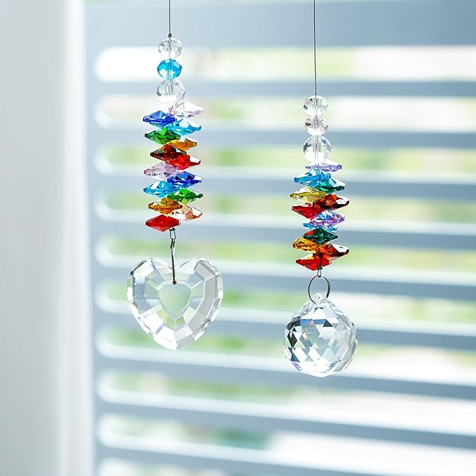 H&D HYALINE & DORA Hanging Crystal Suncatcher Rainbow Maker with Heart Prism Pendant and Crystal Prism Ball and Chakra Colored Beads,for Window Decor,Pack of 2