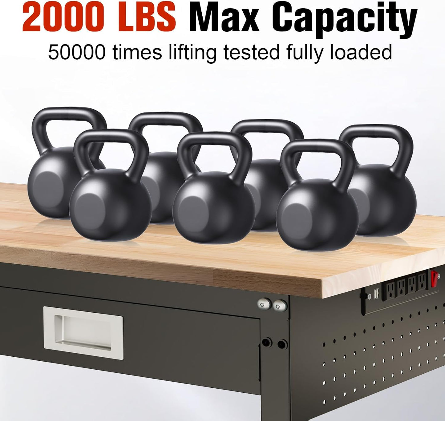 48" Workbench with Drawers, Work Benches for Garage with Strip Light, Adjustable Work Table with Large Pegboard, 2000 LBS Heavy Duty Table with Power Outlet Rubber Wood for Garage, Office