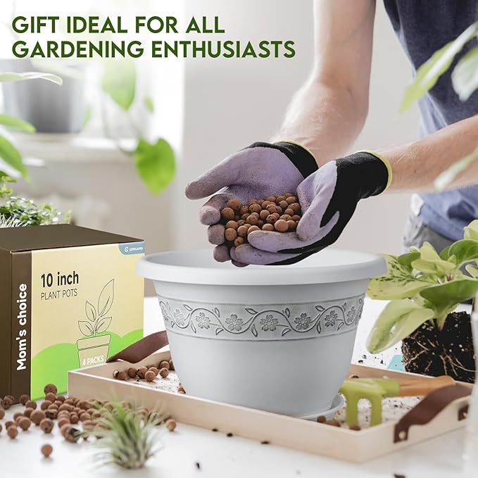 10 Inch Plant Pots with Drainage Hole - Lightweight Flower Pots for Herbs and Flowers - Home Decor Plastic Planters for Indoor Outdoor Plants- Pack of 4 (White, 10 inch)