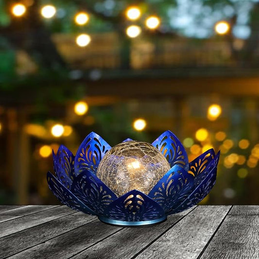 12 inches Solar Lights Outdoor Garden, Crackle Globe Glass Lotus Decoration, Waterproof LED Metal Flower Lights for Patio,Lawn,Walkway,Tabletop,Ground Gardening Gifts (Blue Hollow)