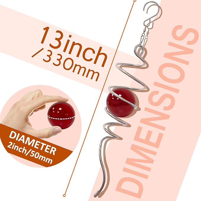Gazing Ball Spiral Tail Wind Spinner,Decorative Wind Spinner 11inch Tail and 2 inch Glass Orb. Indoor Outdoor Wind Spinner Tail Sun Catcher Garden Decoration-13 inch Height(red)