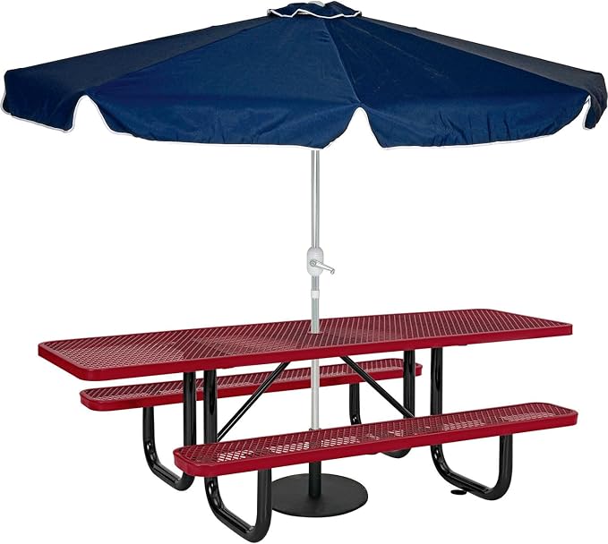 Global Industrial 8'L Rectangular Picnic Table, ADA Compliant, Expanded Metal, Red Thermoplastic Coating, Attached Benches, 1-1/2” Umbrella Pole Hole, Outdoor-Rated