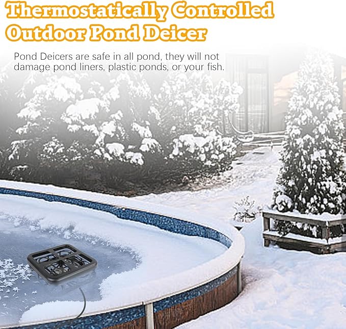 Aobiono Pond Heater De Icer, Winter Thermo Climate Floating Survival Solution for Outdoor Fish Pond Koi, Thermostat Control for Water Stock Tank Livestock Bird Bath Pet, 12 ft Cord (1500W)