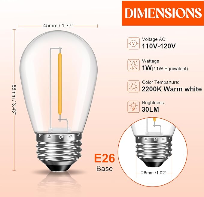 36 Pack S14 LED Bulbs for Outdoor String Lights, Shatterproof Replacement Edison Bulbs for Patio String Lights Outdoor Waterproof, Warm White 2200K, Dimmable, E26 Standard Base