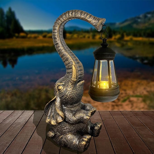 10.6 Inch Statue Elephant with Solar Outdoor Lights for Garden Decor，Lucky Present with Appeal For Birthdays(Man and Women and family)， Unique Housewarming Presents and Yard Decoration. (black)