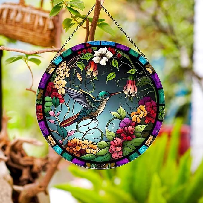 Hummingbirds and Flowers Pattern Suncatcher Stained Glass,Hanging Stained Glass for Windows,20cm/7.87inch Hand-Painted Sun Catcher Garden Hangings Painted Glass Panel Decor Themed Gift