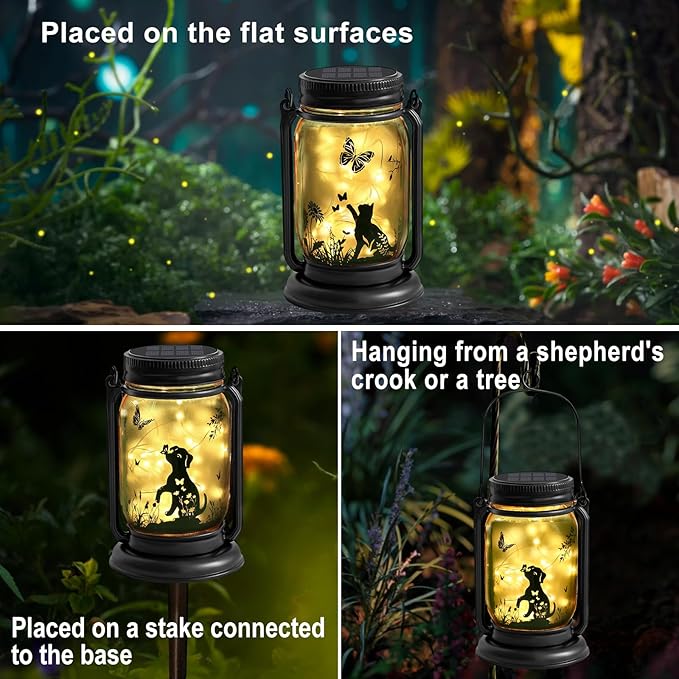 4 Pack Outdoor Hanging Solar Lantern, Cat & Dog Butterfly Theme Vintage Glass Mason Jar Solar Fairy Lights, Gifts for Mom, Father, Waterproof Garden Lights for Patio Yard Lawn Tree Party Decor