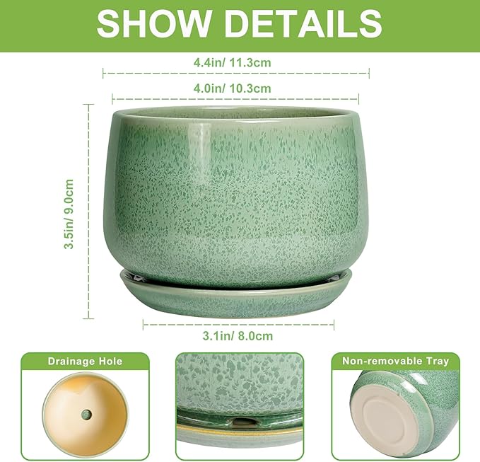 G EPGardening Ceramic Plant Pot - 4 inch Plant Pots with Drainage Hole & Saucer, Small Pots for Plant Indoor Outdoor, Modern Round Planter, Decorative Flower Pot, Room Decor, House Warming Gift, Green