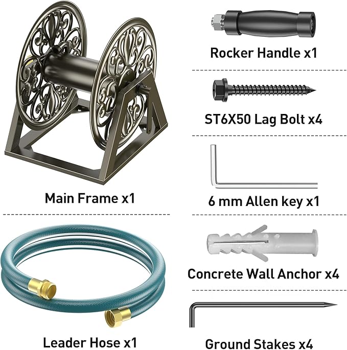 GOFORWILD Garden Wall/Floor Mount Hose Reel, Decorative Hose Reel, Garden Heavy-Duty Water Hose Holder Winder, Holds 200-Feet of 5/8-Inch Hose