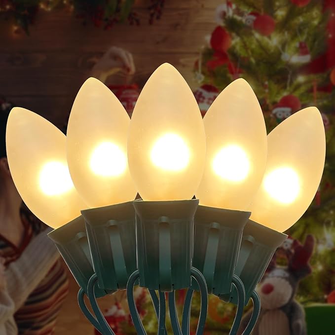 25 FT C9 Frosted Christmas Lights,Warm White Outdoor Christmas Lights with 26 Bulbs(1 Spare), C9/ E17 Base,Old Fashioned Christmas Lights for Roofline, Yard, Garden, Wedding Decorations