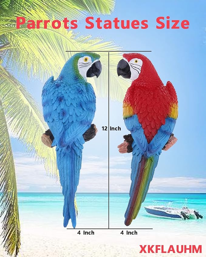 2Pcs Large Resin Parrot Decor Statues Lifelike Hawaiian Tropical Birds Decor, 12.5" Fake Parrot for Tiki Decoration Outdoor Garden Tree Wall Pool Macaw Statues Bird Lover Ornament Gifts(Blue and Red)