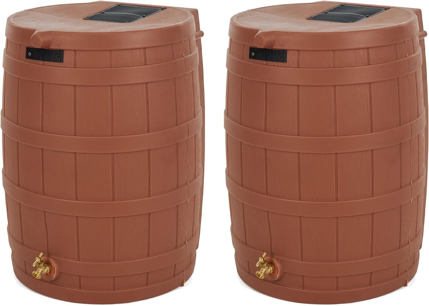 Good Ideas Rain Wizard 50 Gallon Plastic Outdoor Home Rain Barrel Water Storage Collector with Brass Spigot and Flat Back Design, Terra Cotta (2 Pack)