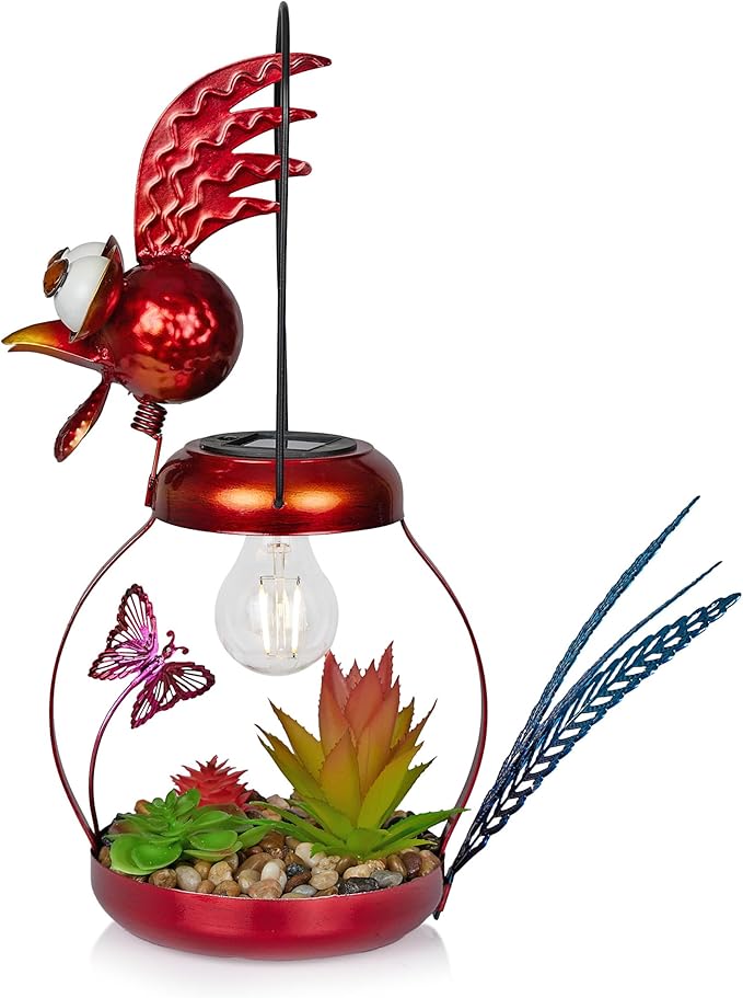 Alpine Corporation LYT286SLR-HH Solar-Powered Metal Rooster w/Garden Enclosed LED Light Decor, Solar Patio Decor, 16''H, Red