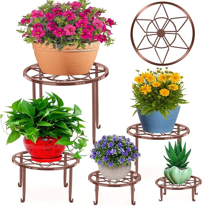5 Pack Metal Plant Stands for Multiple Plant,Heavy Duty Flower Pot Stands for Outdoor Indoor Plants,Rustproof Iron Round Pot Shelf for Planter